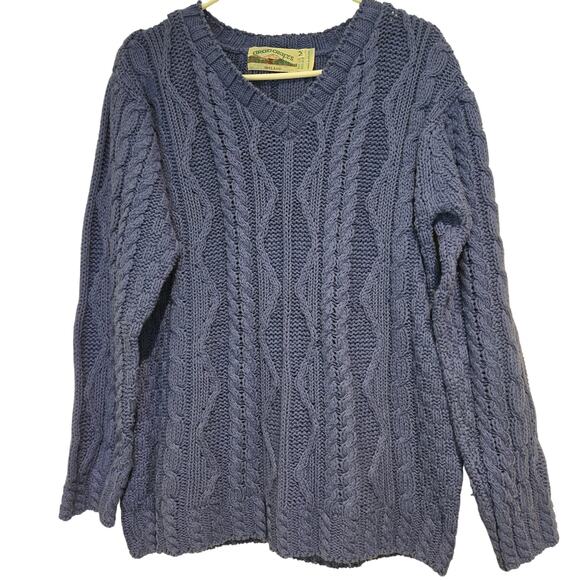 Aran Crafts Ireland Cotton Blend Blue Chunky Fisherman Cable V-Neck Sweater, Med - Picture 1 of 7